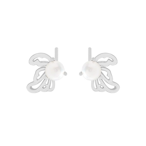 Elegant S925 silver hollow butterfly wing earrings with round white pearls for women