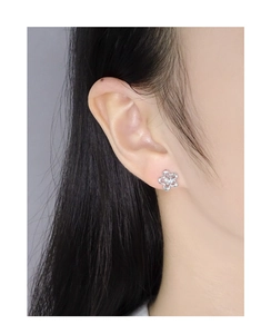Detail of silver S925 flower earring with pearl on ear, showcasing realistic wearing scale