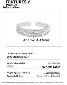 Detail showing S925 sterling silver ring dimensions and adjustable open design