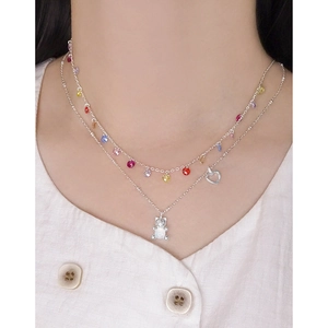 Zweilagige S925 Silberkette mit Opal-Bär und bunten Perlen für Damen im Trend