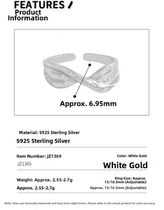 Detail view of S925 sterling silver ring showing 6.95mm width and wavy texture design