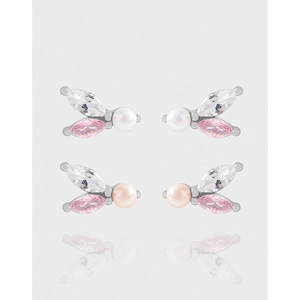 Marquise Zircon Artificial Pearl Stud Earrings With 925 Sterling Silver Earring Post Butterfly Wing Design Korean Style For Women