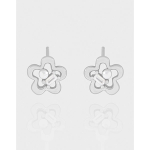 Hollow Flower Stud Earrings With 925 Sterling Silver Earring Post Artificial Pearl And Baguette Zircon For Women Ins Style