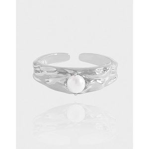 S925 Sterling Silver Artificial Pearl Ring Adjustable Open Finger Ring With Irregular Lava Hammered Texture Korean Minimalist Style For Women Jewelry Gift