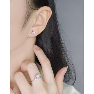 Elegant S925 silver earring and ring set with pink zircon and delicate micro pearls