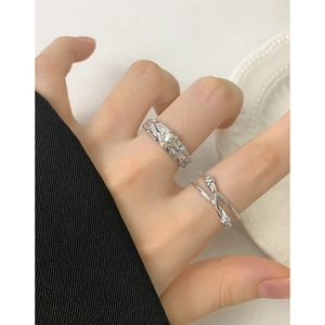 S925 sterling silver double-layer knot ring set with textured pearl accent for women