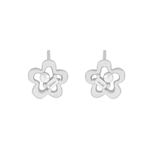 Elegant S925 silver flower stud earrings with white pearl and baguette zircon accents