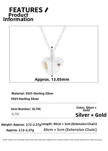 Detail specifications of S925 silver heart necklace with zircon inlay and dimensions