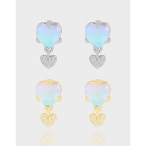 S925 Sterling Silver Heart Stud Earrings For Women Elegant Synthetic Moonstone Rhinestone Earrings Jewelry Gift