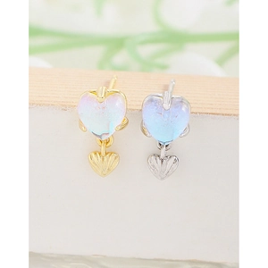 Minimalist S925 silver heart stud earrings with iridescent moonstone pendants in gold and silver