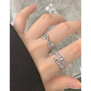 S925 sterling silver layered ring set featuring twisted texture and square zircon accents