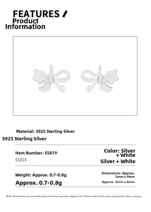 Detailed specifications of S925 sterling silver asymmetrical bow stud earrings for women