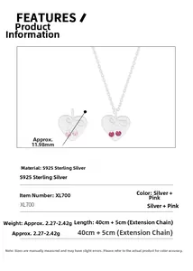 Detailed close-up of S925 sterling silver heart cherry pendant necklace with red zircon stones