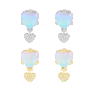 S925 silver heart stud earrings with moonstone in gold and silver finish options