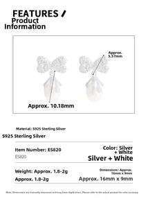 Detailed view of S925 sterling silver bow earrings with pearl drops and product dimensions