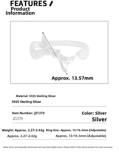 Detailed specs of the S925 sterling silver whale tail ring with adjustable open band design