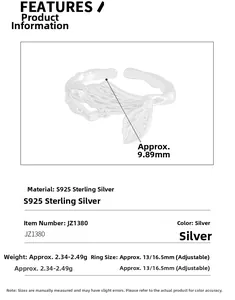 Detailed specs of S925 sterling silver fishtail ring with texture and size dimensions