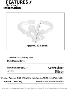 Detailed specs of S925 sterling silver bow ring featuring adjustable open size