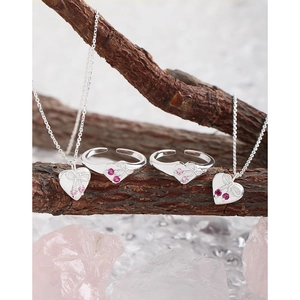 S925 Sterling silver heart necklace and ring set with pink zircon bow details