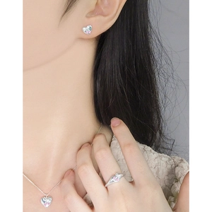 Elegant S925 silver jewelry set with pink heart stones featuring necklace, ring, and earrings