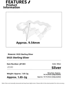 Detailed specs of S925 silver ring featuring wavy band with star and heart motifs