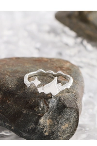 Macro view of S925 sterling silver heart and star ring with wavy texture on rock