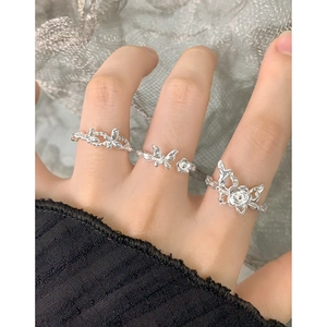 Three-piece S925 silver adjustable butterfly and rose textured rings set for women