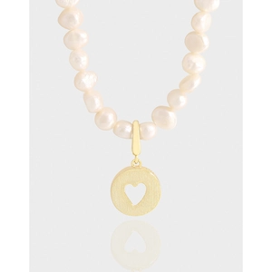 S925 Sterling Silver Baroque Freshwater Pearl Necklace For Women Heart Cutout Circular Disc Pendant Retro Jewelry