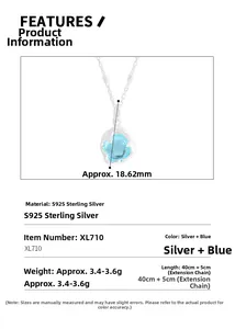 Collier en argent S925 avec pendentif cristal bleu de 18,62 mm et spécifications
