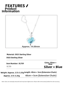 Détail du collier en argent S925 avec cœur en cristal bleu mer et chaîne de 40cm plus 5cm