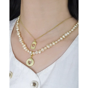 Baroque pink pearl heart necklace in S925 silver with elegant double layer design