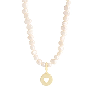 Baroque pinkish orange pearl necklace with a brushed gold heart pendant in S925 silver