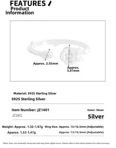 Detailed view of S925 sterling silver flower ring specifications and measurements