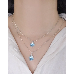 Collier double rang en argent S925 avec pendentifs en cristal bleu clair et coeur