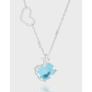 Collier Pendentif Cœur Étoile en Argent Sterling 925 Cristal Bleu pour Femmes Chaîne de Clavicule Double Couche Coréenne