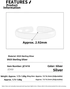 Detailed specs for S925 sterling silver minimalist ring showing 2.92mm width and weight