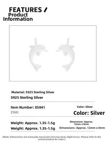 Detail view of S925 sterling silver dolphin stud earrings with specific product parameters