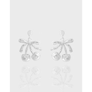 925 Sterling Silver Cherry Bow Stud Earrings Rhinestone Sweet Fruit Style Jewelry Accessories For Women Daily Party Wear