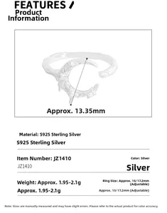 Detail view of S925 sterling silver moon ring with zircon stones and size specifications