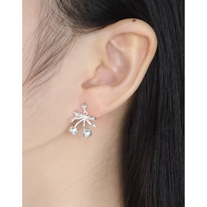 Minimalist S925 sterling silver bow cherry stud earrings for women on model ear