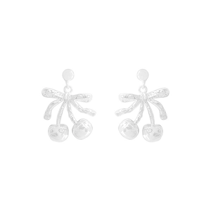 Elegant silver S925 cherry bow earrings with hammered metal texture for women