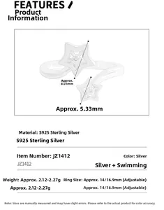 Detailed size specifications for S925 sterling silver star-shaped open ring for women