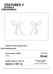 Detailed specs of S925 sterling silver ribbon bow earrings measuring 11mm by 8mm