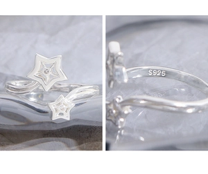Detailed macro view of S925 hallmark on sterling silver star zircon ring with dual star design