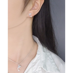 Minimalist S925 sterling silver dolphin stud earrings and necklace set worn by model