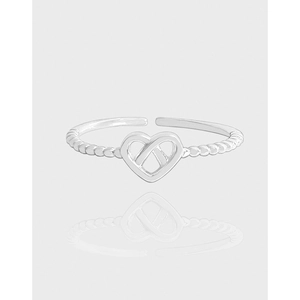 925 Sterling Silver Heart Open Ring For Women Beaded Texture Hollow Out Heart Shape Adjustable Minimalist Silver Ring Jewelry Gift