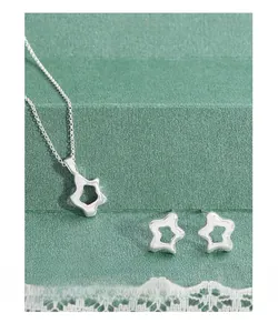 Detail of silver S925 irregular hollow star pendant necklace and matching stud earrings