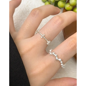 Minimalist S925 sterling silver beaded wave and cross rings set for women in silver