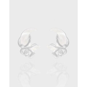 S925 Sterling Silver White Moon Stud Earrings For Women Minimalist Rhinestone Inlaid Elegant Korean Style Silver Jewelry Accessory