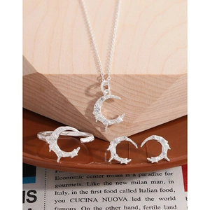 Textured S925 sterling silver moon jewelry set with sparkling zircon inlays